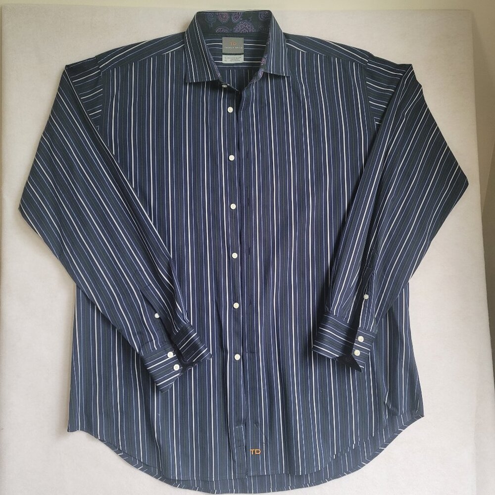 Thomas Dean Men's Navy Multicolor Striped Flip Cuff Long Sleeve Cotton Shirt XL